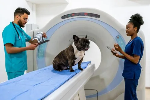 two-vet-techs-standing-near-MRI-machine-as-dog-sits-between-them