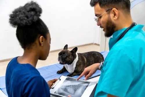veterinary-professionals-discussing-MRI-results-while-french-bulldog-waits-outside-MRI-machine