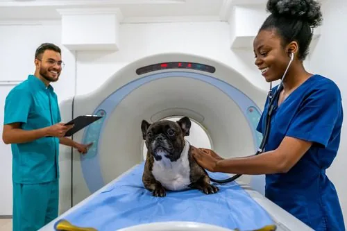 female-vet-examining-french-bulldog-before-MRI-procedure